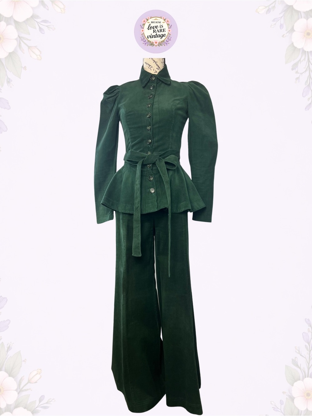 Betsey Johnson Alley Cat Pantsuit • 1970s Green Corduroy Jacket+Bell Bottom Set